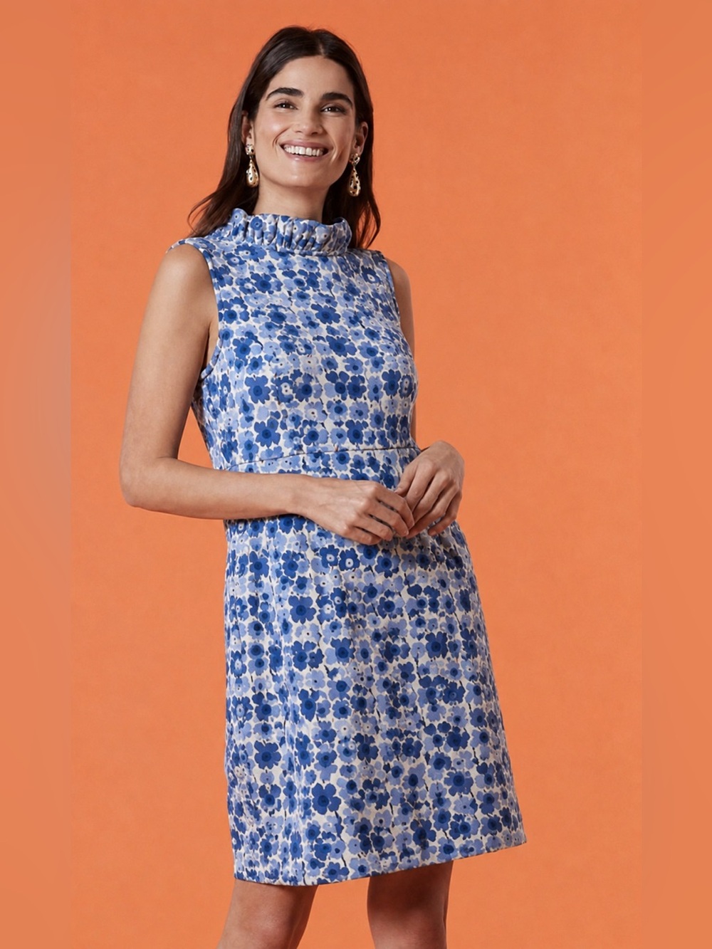 Tyler Boe Erica Knit Floral Ruffle Neck Dress Blue White Women’s XS